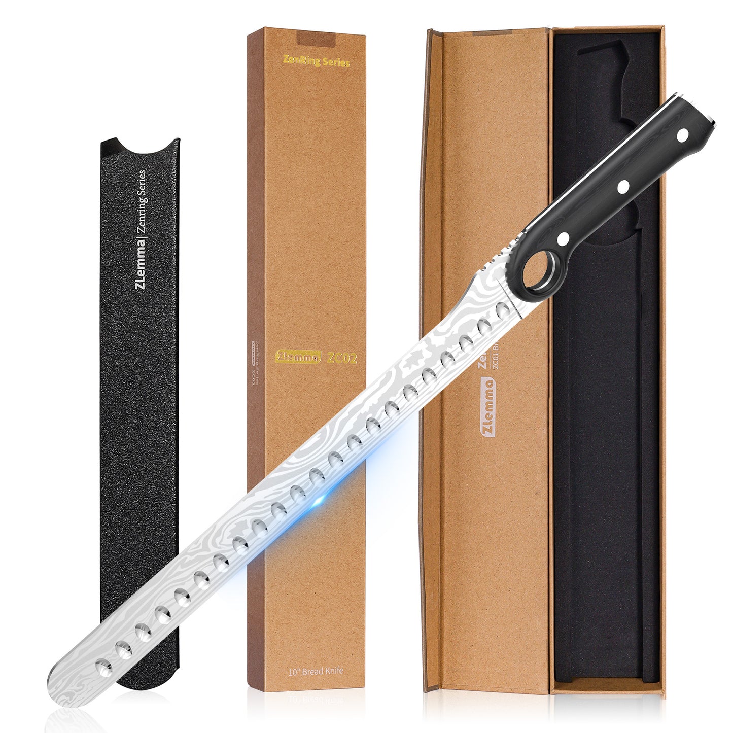 12-Inch Slicing Carving Knife with Unique Grip Ring & Non-slip Serrated Spine | Ultra-Sharp High-Carbon Stainless Steel Blade & Damascus Pattern for Brisket Meat Cutting | Pakka Wood Handle