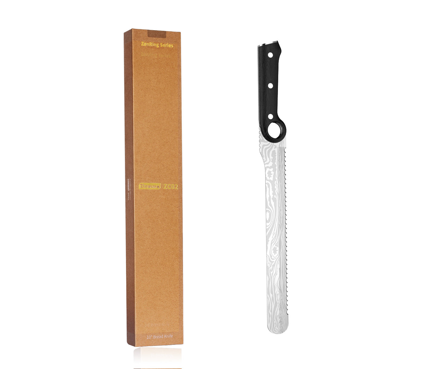 10-Inch Serrated Knife with Finger Ring, 5Cr15MoV Steel Blade, Full-Tang, Pakka Wood Handle, Damascus Pattern – Ideal for Bread, Fruits, and Vegetables