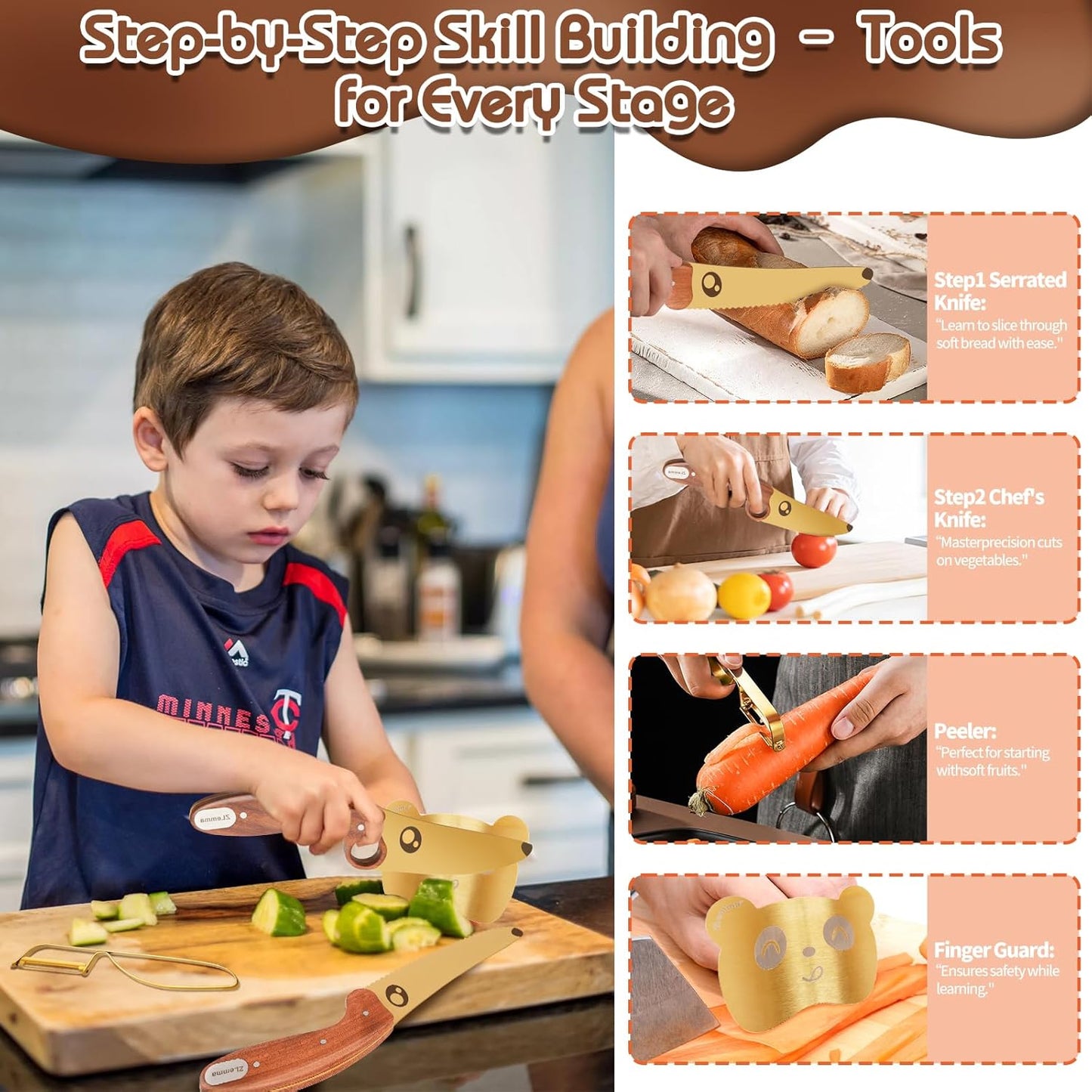 Kids Knife Set for Real Cooking with Educational Ring & Precious Rosewood Handle, Kids Chef Knife-4pcs Set with Stainless Steel Finger Guard-Golden Coating