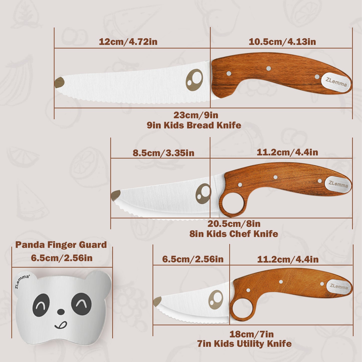 Kids Knife Set for Real Cooking with Educational Ring & Serrated Blade Edge & Panda Finger Guard 4-Pieces, Kids Chef Knife Set with Rosewood Handle Stainless Steel Blade For Starter Cutting Learning