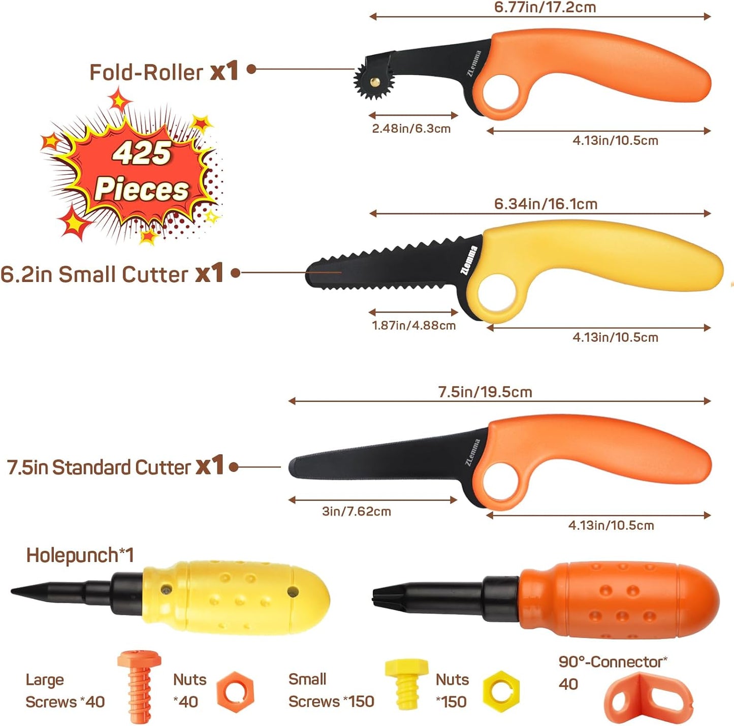 Cardboard Construction Kit - 425 PCS Kids Building Set with Safe Serrated Cutter, Crease Roller, Screws & Nuts , STEM Upcycled Tool for DIY Cardboard Projects, Engineering & Creativity