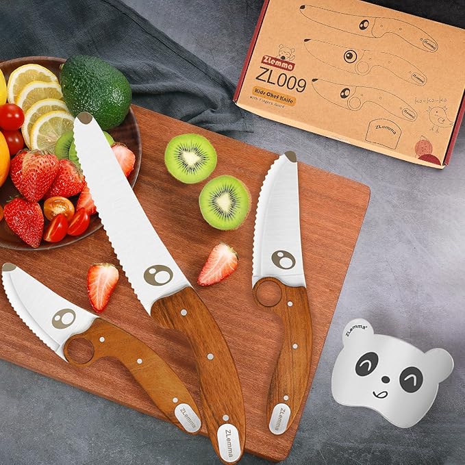 Kids Knife Set for Real Cooking with Educational Ring & Serrated Blade Edge & Panda Finger Guard 4-Pieces, Kids Chef Knife Set with Rosewood Handle Stainless Steel Blade For Starter Cutting Learning