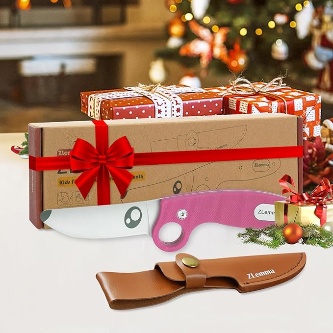 Kids Knife Boy Scout Knife with Educational Ring & Sheath & Rounded Tip - Whittling Knife Pink G10 Handle for Boys 8-12 First Сamping Cutting