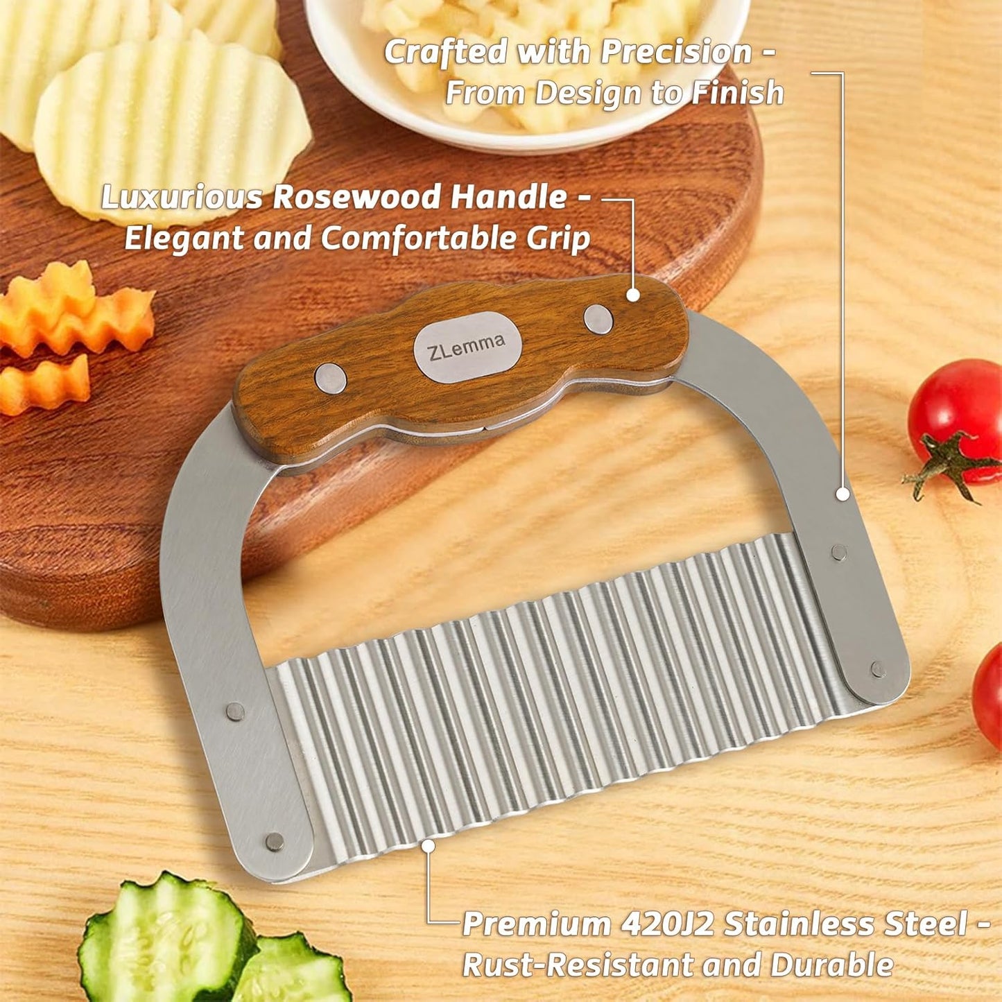 Crinkle Cutter Knife for Kids Slicer Veggies & Fruits with Safe Rounded Tip, Bear-Shape Wavy Cutter with Rosewood Handle & Japanese 420J2 Stainless Steel Blade