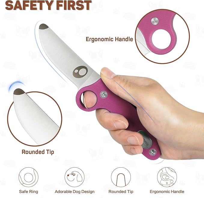 Kids Knife Boy Scout Knife with Educational Ring & Sheath & Rounded Tip - Whittling Knife Pink G10 Handle for Boys 8-12 First Сamping Cutting