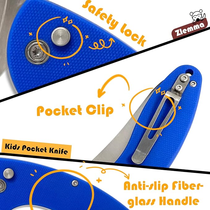 Kids Pocket Knife with Clip & Safe Rounded Tip for Boy First Knife, Toddler Starter folding Knives with Japanese 420J2 Stainless Steel Sharpened Blade & Durable G10 Handle (Blue)