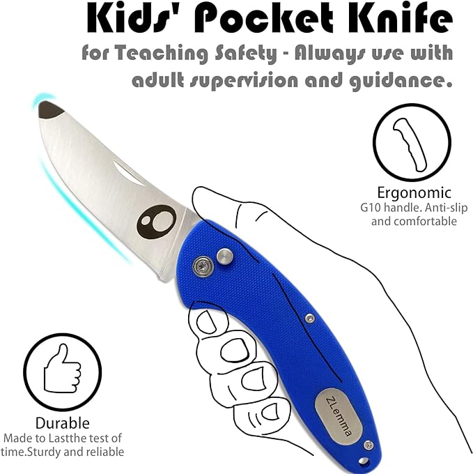 Kids Pocket Knife with Clip & Safe Rounded Tip for Boy First Knife, Toddler Starter folding Knives with Japanese 420J2 Stainless Steel Sharpened Blade & Durable G10 Handle (Blue)