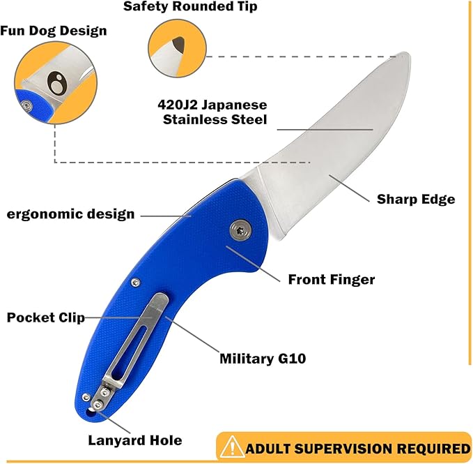Kids Pocket Knife with Clip & Safe Rounded Tip for Boy First Knife, Toddler Starter folding Knives with Japanese 420J2 Stainless Steel Sharpened Blade & Durable G10 Handle (Blue)
