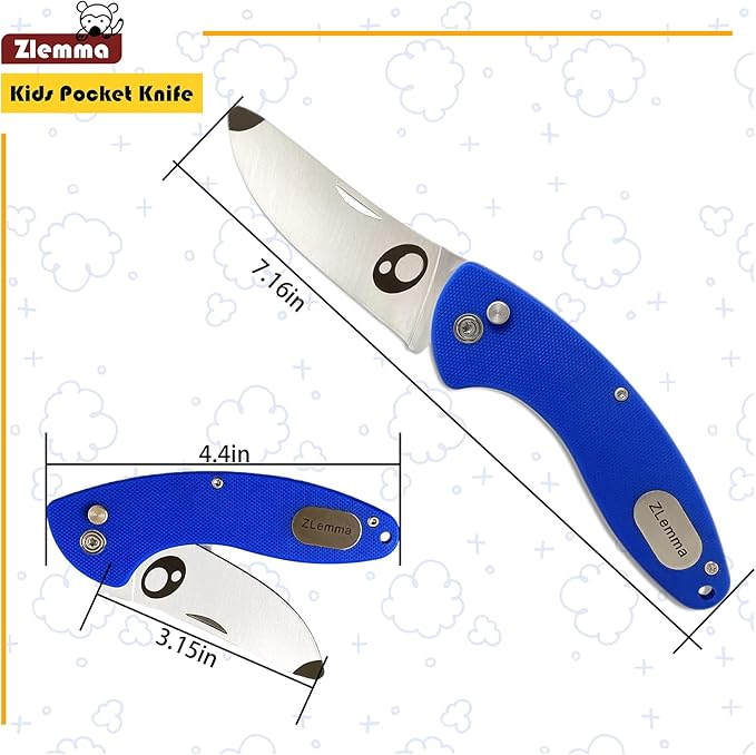 Kids Pocket Knife with Clip & Safe Rounded Tip for Boy First Knife, Toddler Starter folding Knives with Japanese 420J2 Stainless Steel Sharpened Blade & Durable G10 Handle (Blue)