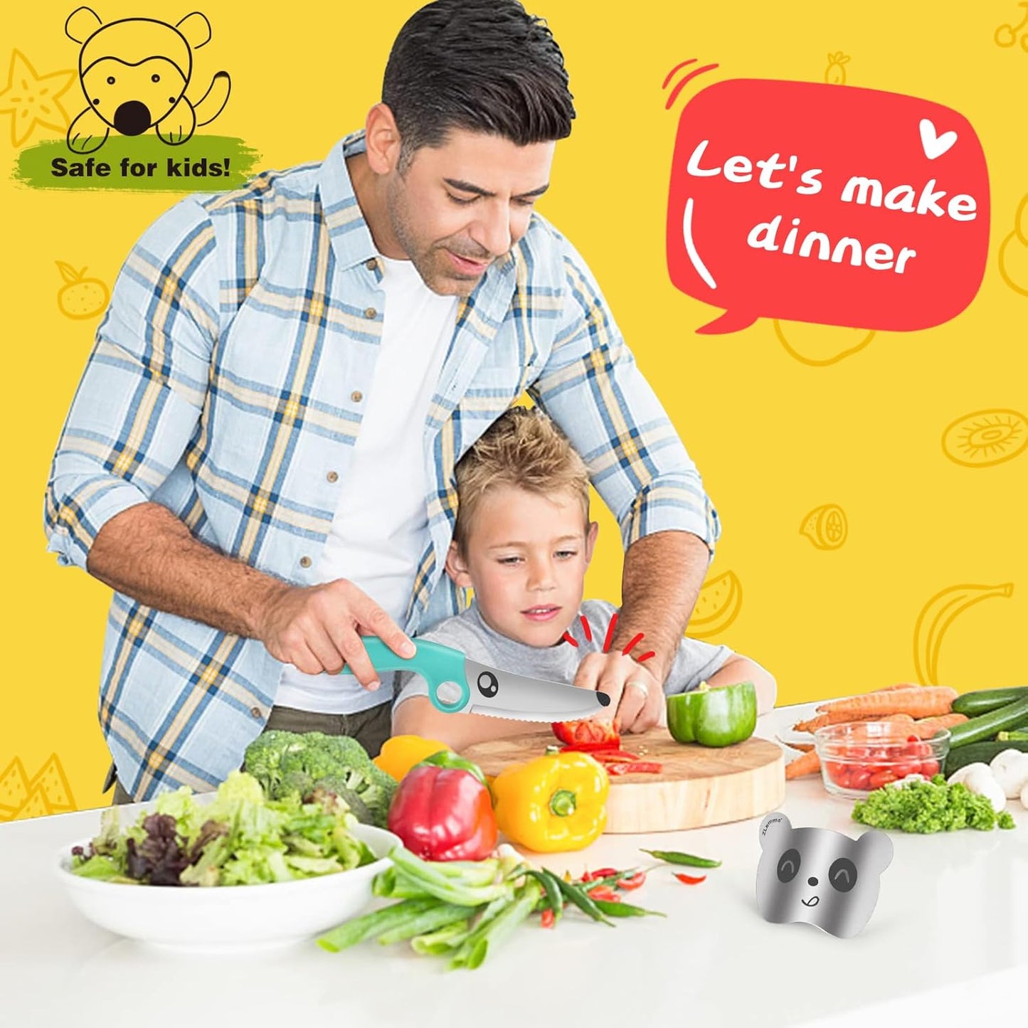 Kids Knife Set for Real Cooking with Finger Guard & Educational Ring, Toddler Kitchen Montessori Tool Set for Training Cutting, Stainless Steel Blade & Safety Edge for Beginner (Blue)