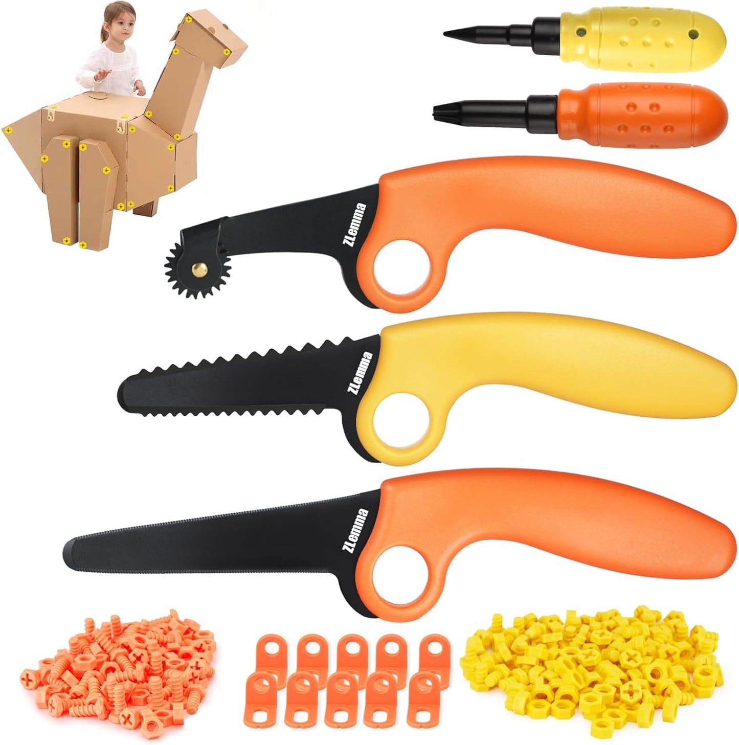 Cardboard Construction Kit - 425 PCS Kids Building Set with Safe Serrated Cutter, Crease Roller, Screws & Nuts , STEM Upcycled Tool for DIY Cardboard Projects, Engineering & Creativity