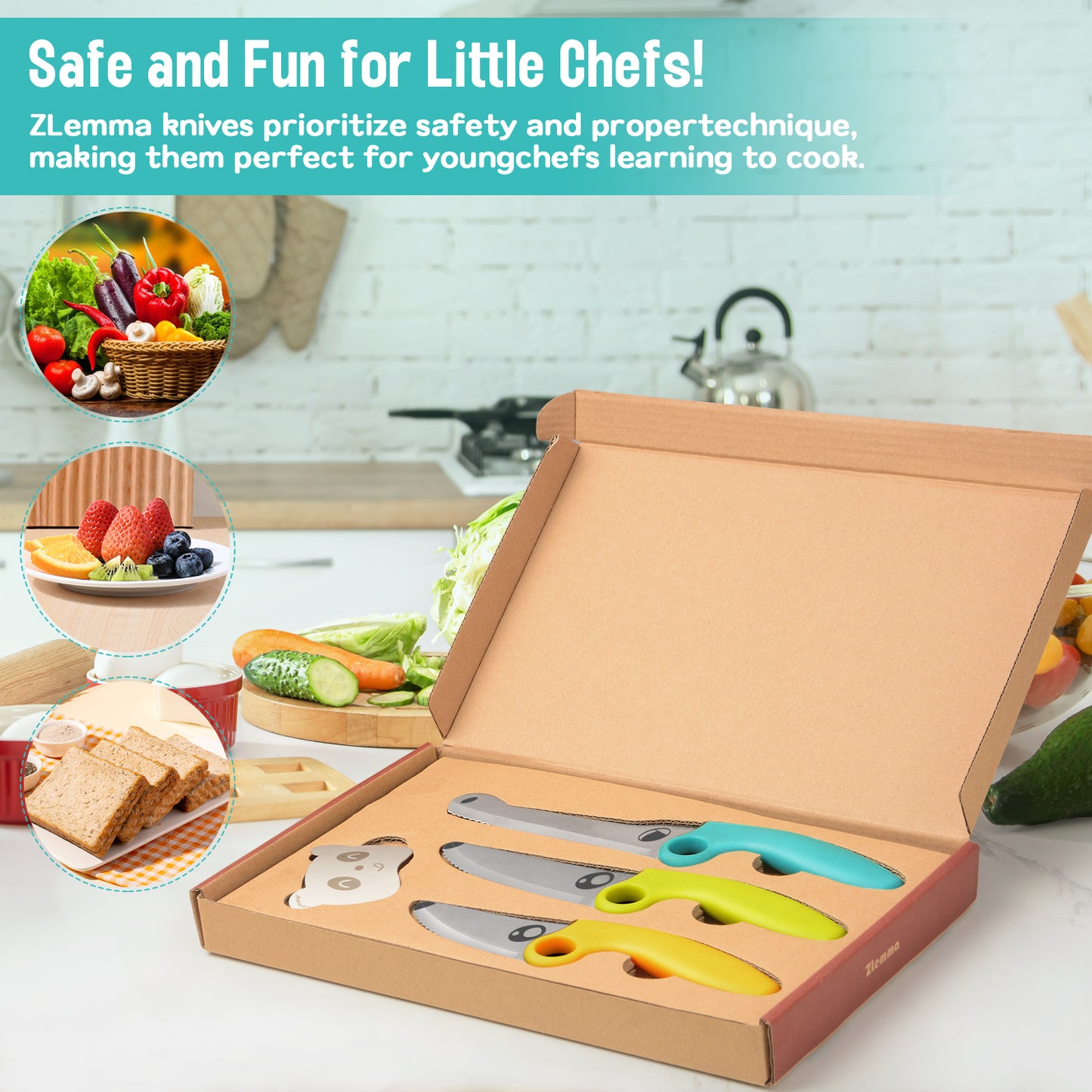 Kids Knife Set for Real Cooking with Educational Ring & Panda Finger Guard for Boys & Girls Cutting, Kids Chef Knife Stainless Steel Blade for Kitchen Cutting-Warm-toned