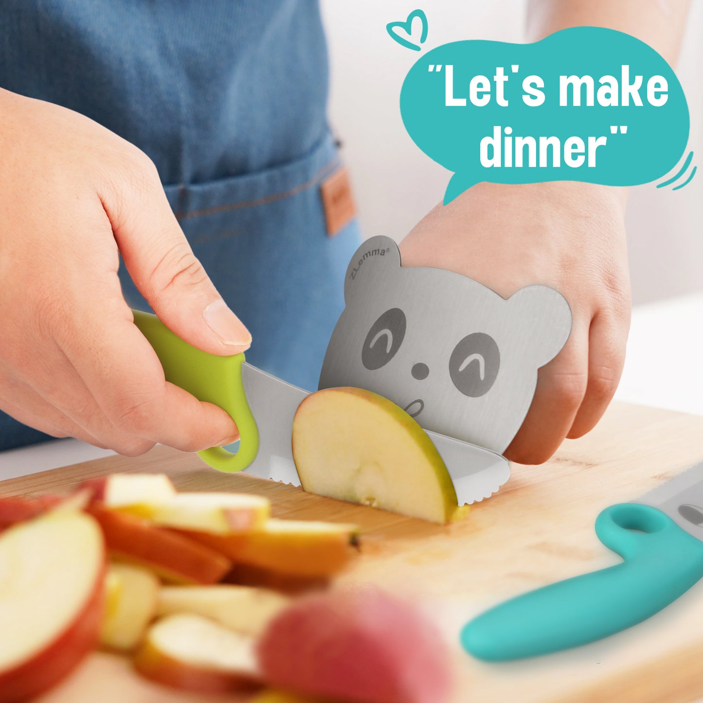 Kids Knife Set for Real Cooking with Educational Ring & Panda Finger Guard for Boys & Girls Cutting, Kids Chef Knife Stainless Steel Blade for Kitchen Cutting-Cool-toned