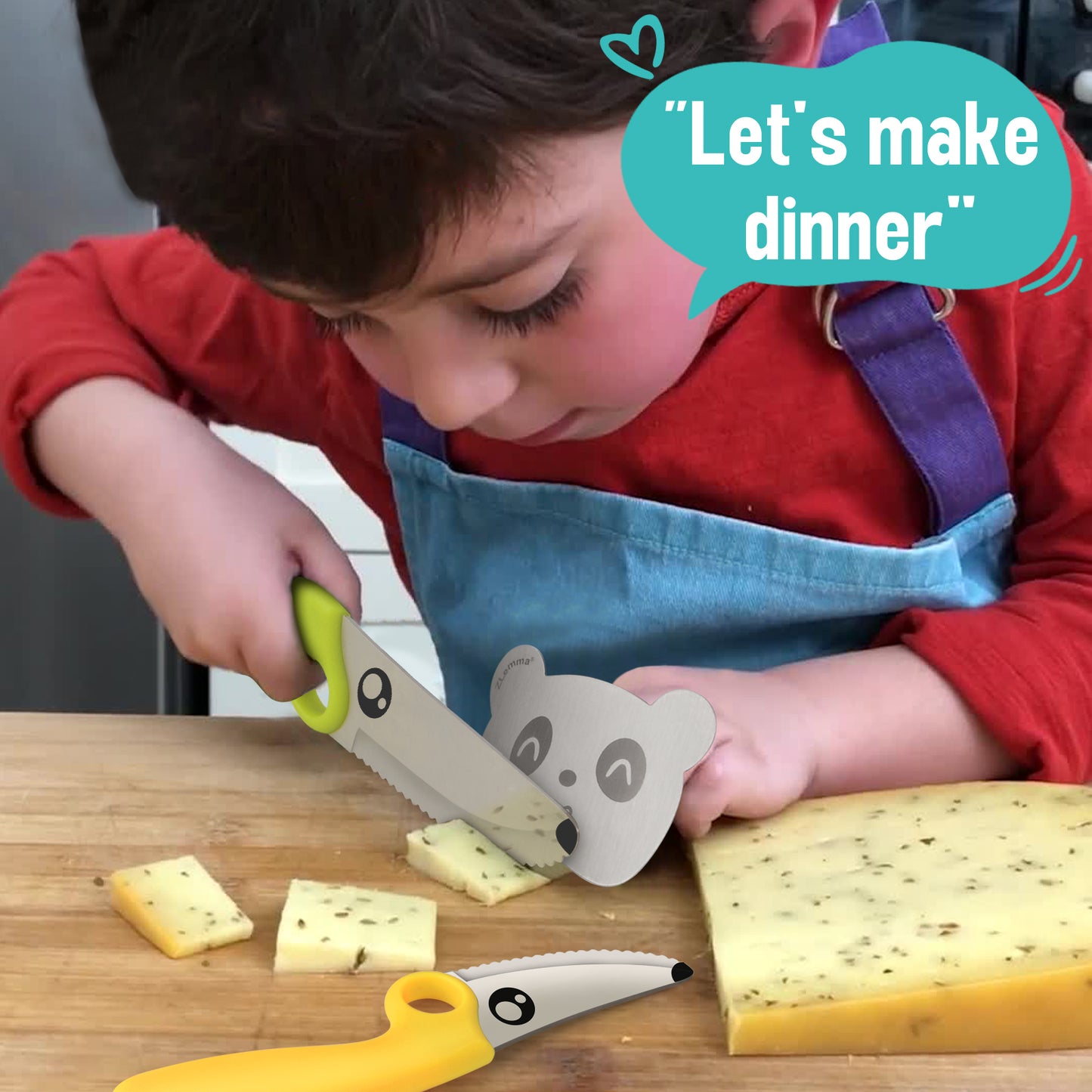 Kids Knife Set for Real Cooking with Educational Ring & Panda Finger Guard for Boys & Girls Cutting, Kids Chef Knife Stainless Steel Blade for Kitchen Cutting-Warm-toned