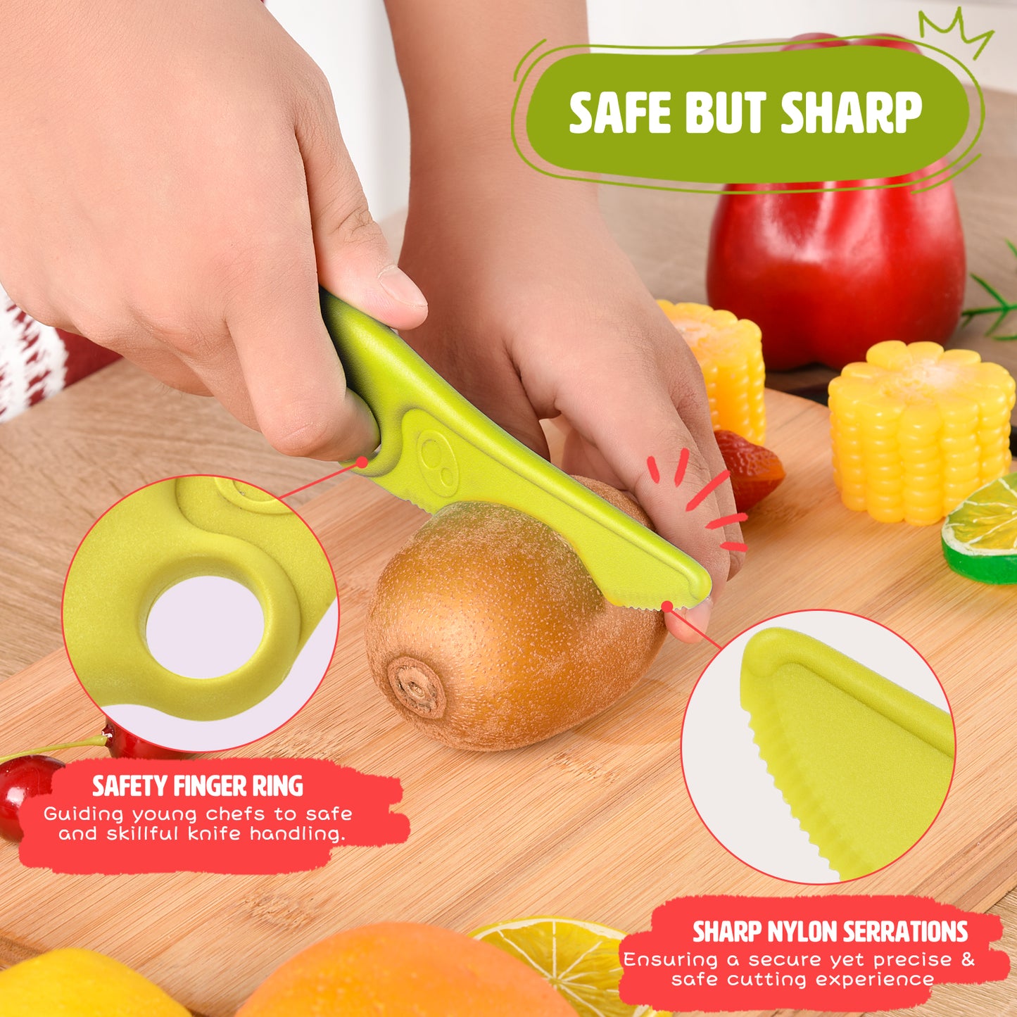 Toddler Learning Knife with Educational Ring - Cute Dog Design, Safe Serrated Edge for Cutting Training, Premium Nylon Material Blade - Ideal for Real Cooking Adventures, Avocado Green