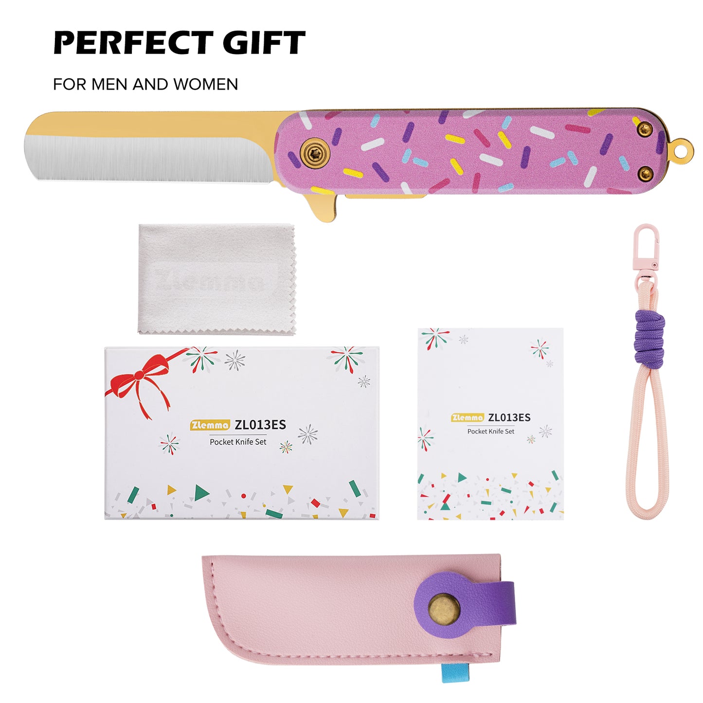 Pocket Knife Set with Clip & Sheath, Lanyard, First Pocket Folding Knife with Rounded Tip for Boys/Girls, Beginner, Black Oxidized Blade 420J2 Stainless Steel-Candy Pattern Handle