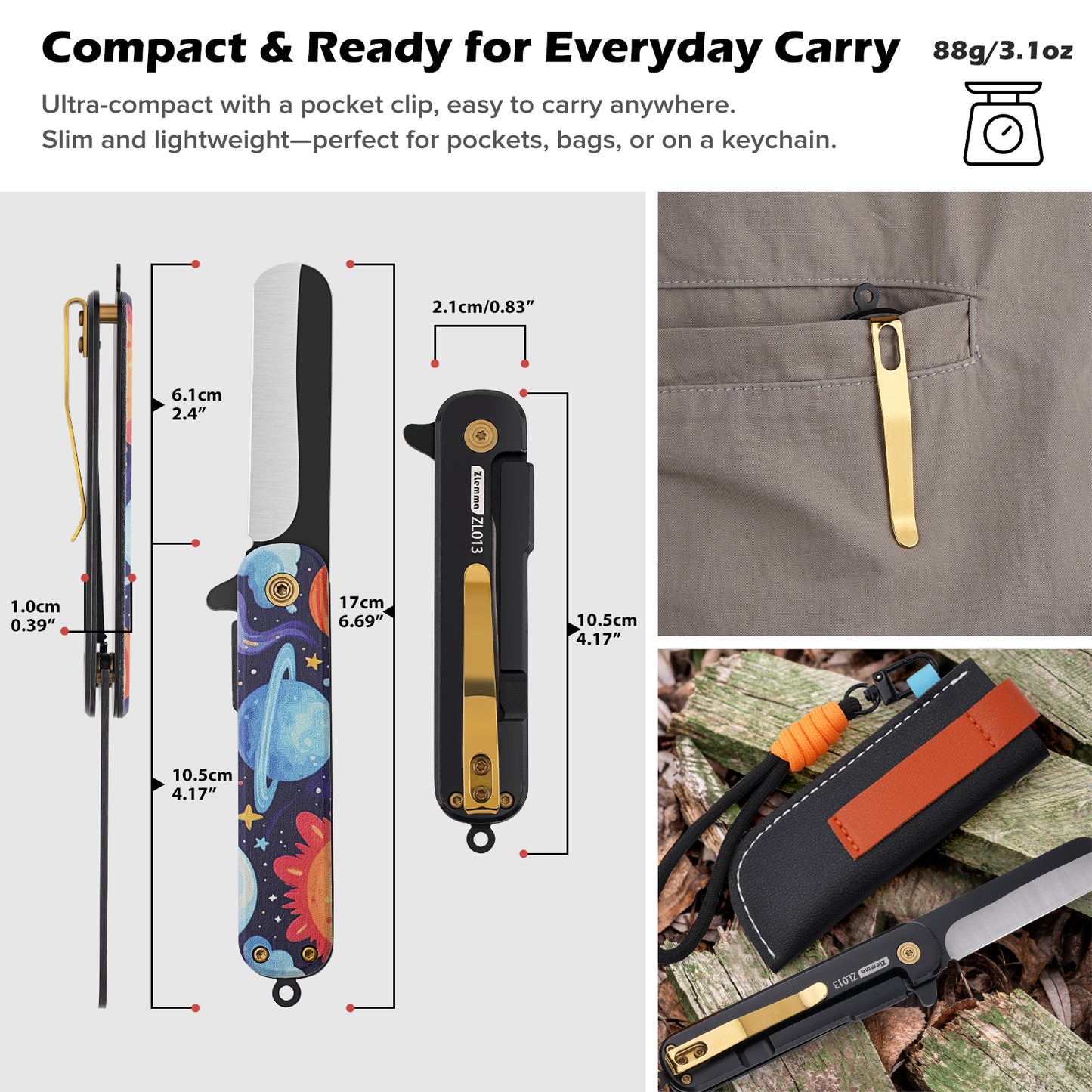 Pocket Knife Set with Clip & Sheath, Lanyard, First Pocket Folding Knife with Rounded Tip for Boys/Girls, Beginner, Black Oxidized Blade 420J2 Stainless Steel-Space Pattern Handle