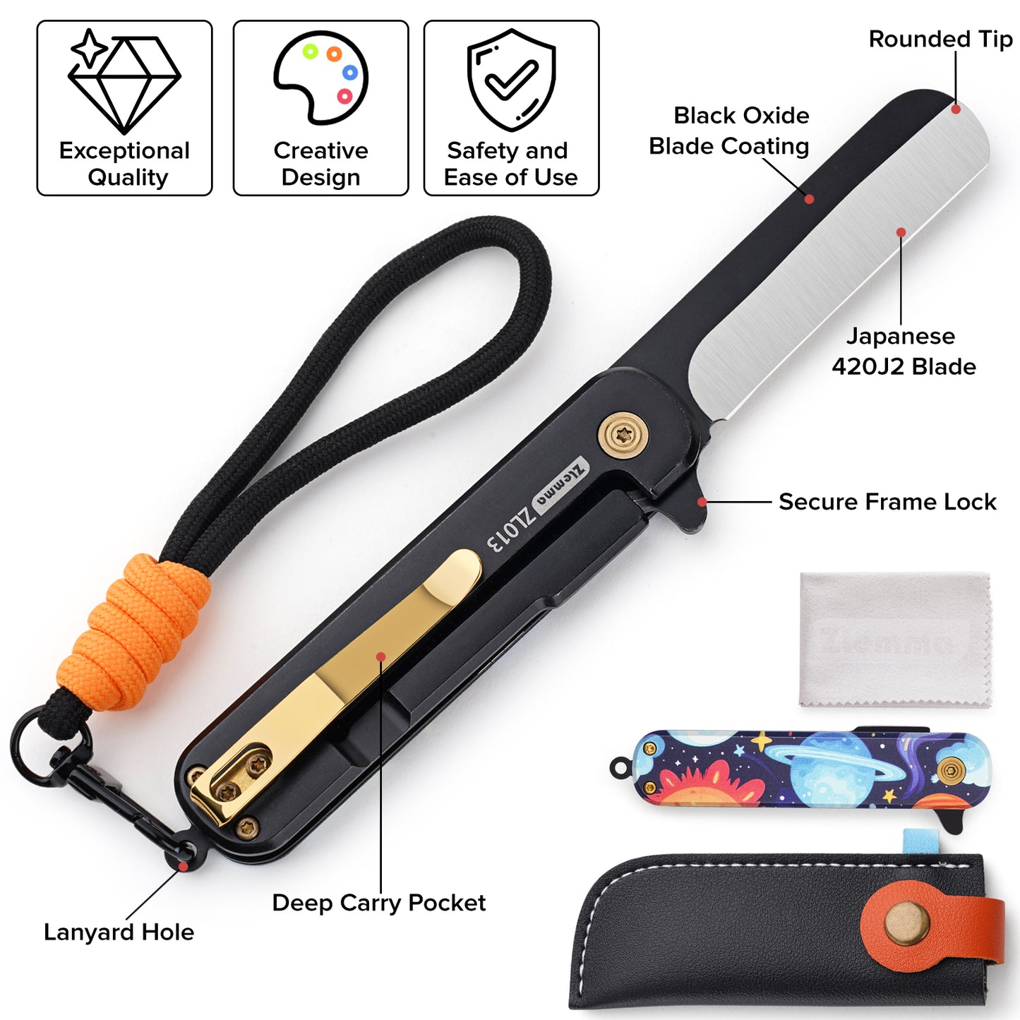 Pocket Knife Set with Clip & Sheath, Lanyard, First Pocket Folding Knife with Rounded Tip for Boys/Girls, Beginner, Black Oxidized Blade 420J2 Stainless Steel-Space Pattern Handle