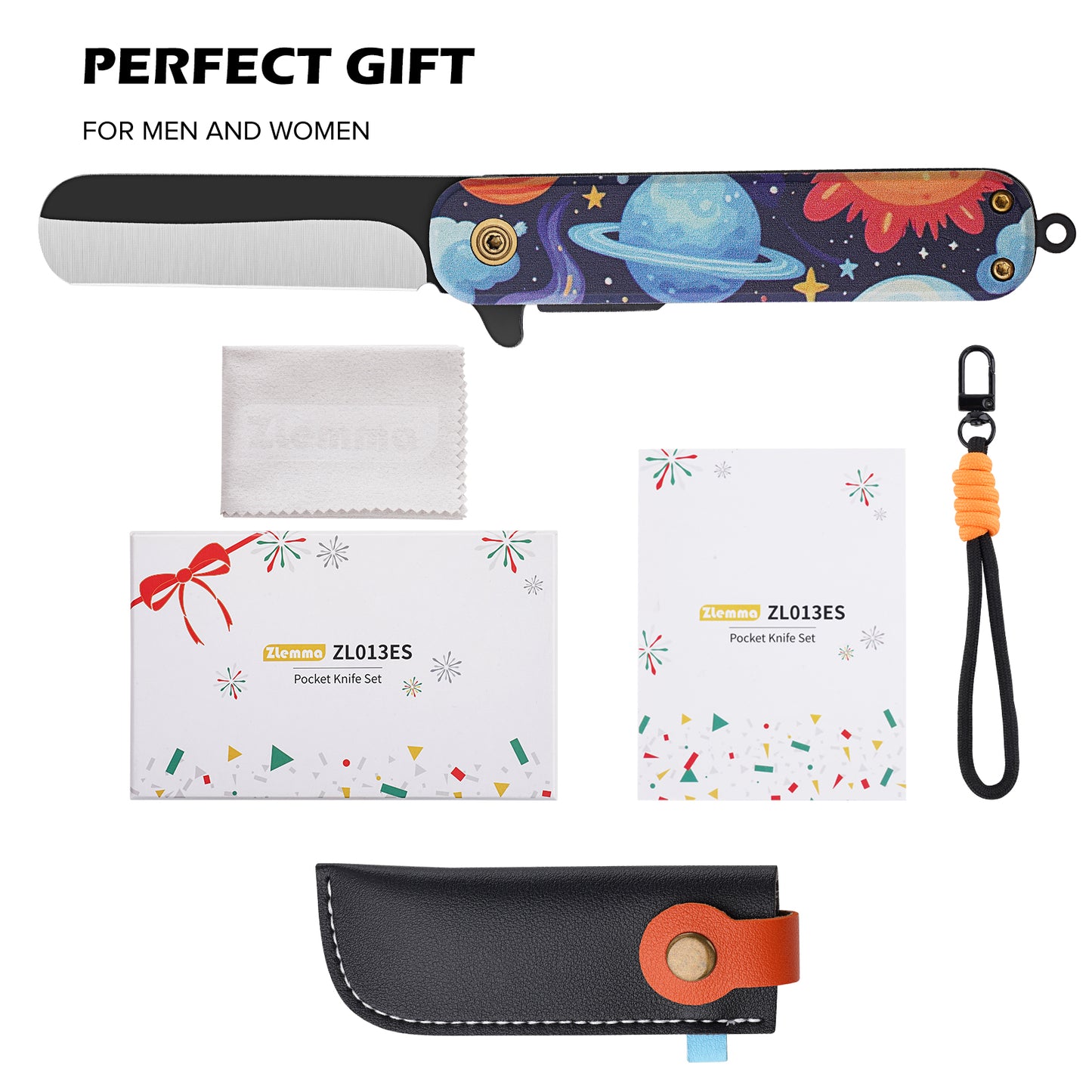 Pocket Knife Set with Clip & Sheath, Lanyard, First Pocket Folding Knife with Rounded Tip for Boys/Girls, Beginner, Black Oxidized Blade 420J2 Stainless Steel-Space Pattern Handle