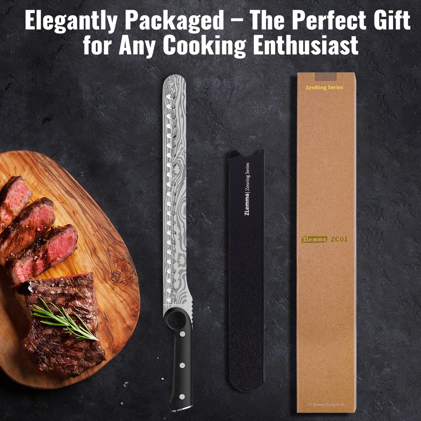 12-Inch Slicing Carving Knife with Unique Grip Ring & Non-slip Serrated Spine | Ultra-Sharp High-Carbon Stainless Steel Blade & Damascus Pattern for Brisket Meat Cutting | Pakka Wood Handle
