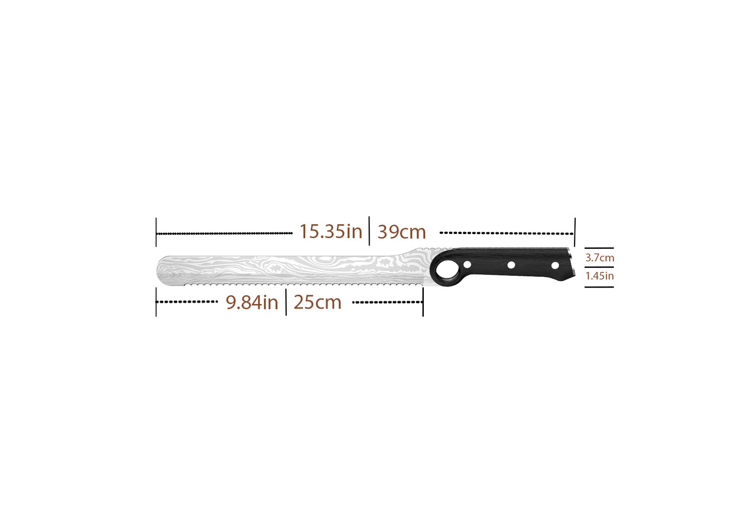 10-Inch Serrated Knife with Finger Ring, 5Cr15MoV Steel Blade, Full-Tang, Pakka Wood Handle, Damascus Pattern – Ideal for Bread, Fruits, and Vegetables