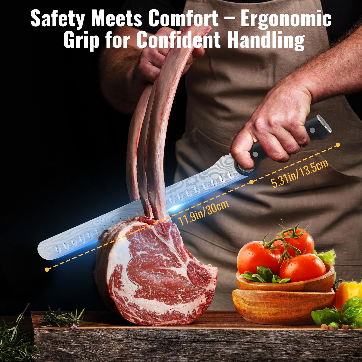 Professional Kitchen Knife Set- 12'' Brisket Carving Knife & 6.8'' Boning Knife with Unique Grip Ring & Gift Box for Chef-High Carbon Stainless Steel with Damascus Pattern- Razor Sharp