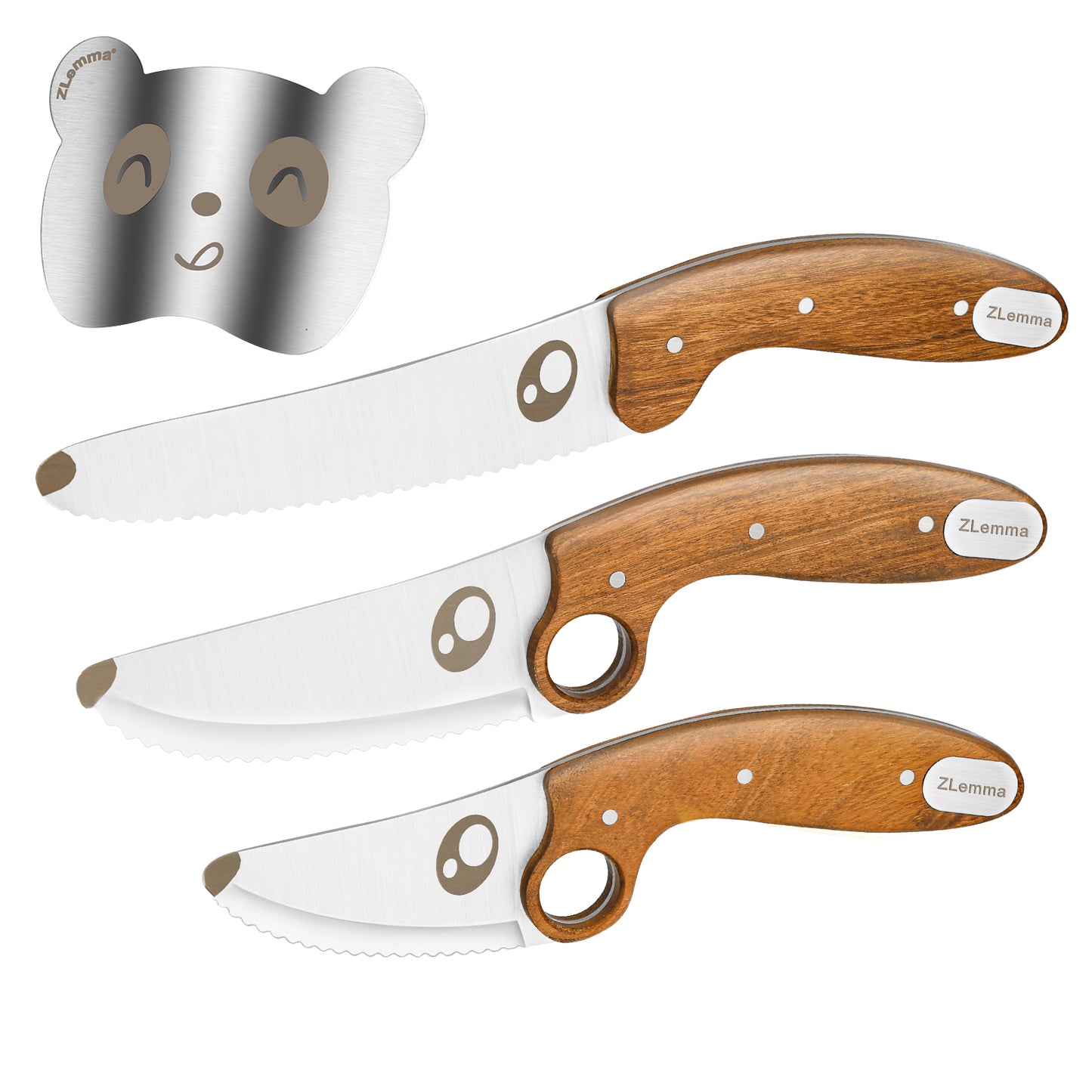 Kids Knife Set for Real Cooking with Educational Ring & Serrated Blade Edge & Panda Finger Guard 4-Pieces, Kids Chef Knife Set with Rosewood Handle Stainless Steel Blade For Starter Cutting Learning