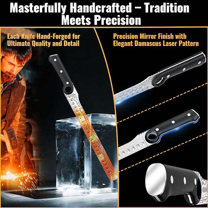12-Inch Slicing Carving Knife with Unique Grip Ring & Non-slip Serrated Spine | Ultra-Sharp High-Carbon Stainless Steel Blade & Damascus Pattern for Brisket Meat Cutting | Pakka Wood Handle