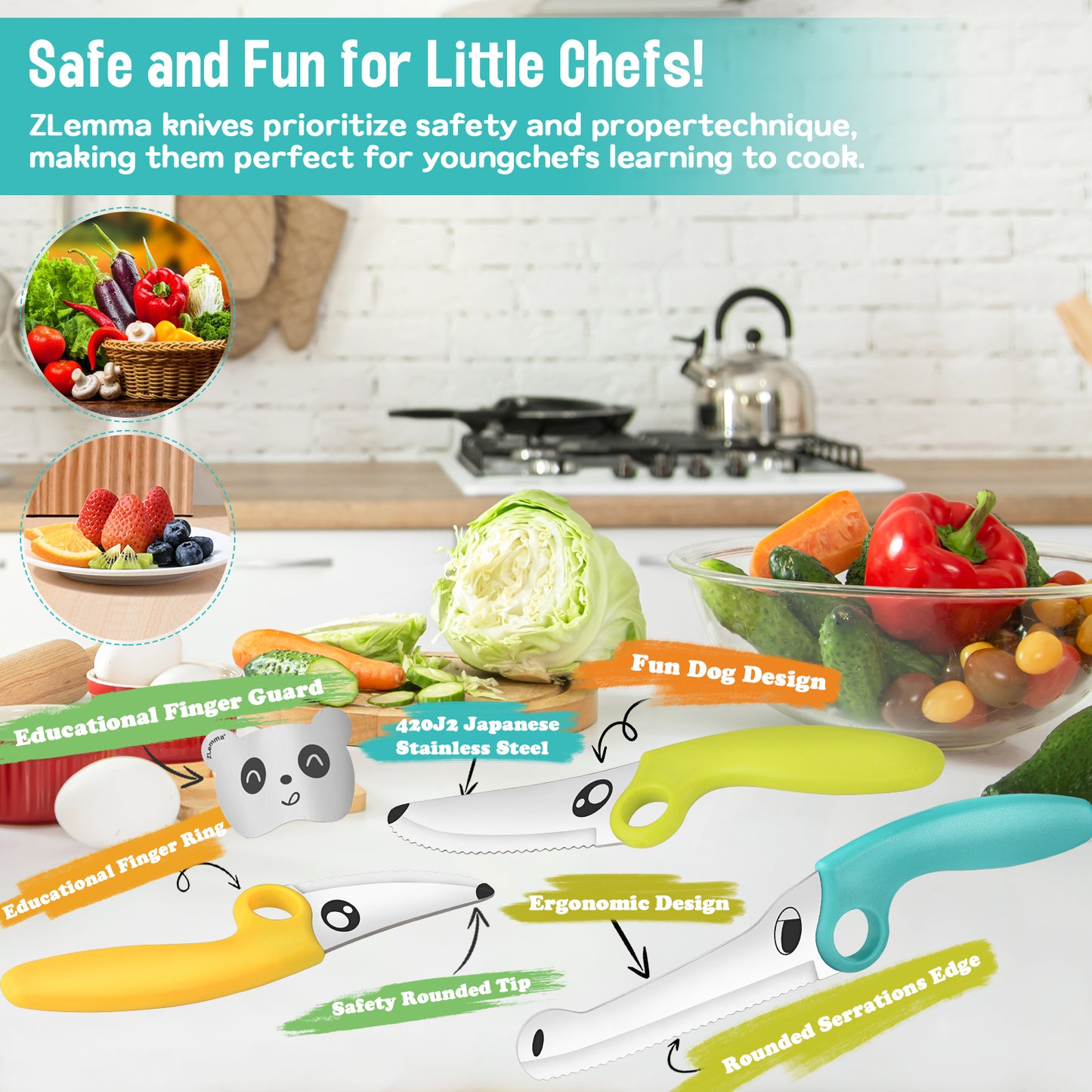 Kids Knife Set for Real Cooking with Educational Ring & Panda Finger Guard for Boys & Girls Cutting, Kids Chef Knife Stainless Steel Blade for Kitchen Cutting-Warm-toned