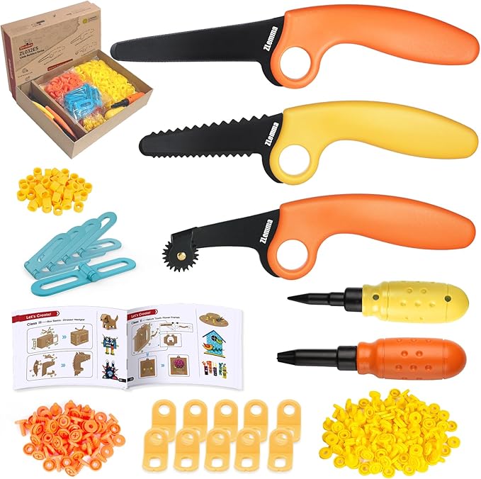 Cardboard Construction Kit - 425 PCS Kids Building Set with Safe Serrated Cutter, Crease Roller, Screws & Nuts , STEM Upcycled Tool for DIY Cardboard Projects, Engineering & Creativity