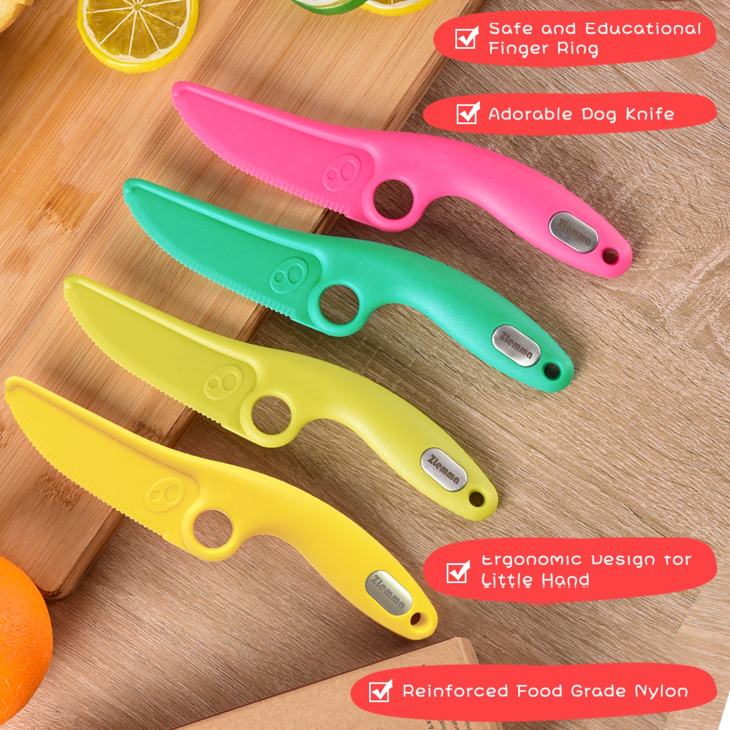 Toddler Learning Knife Set 4-Piece with Educational Ring for Real Cooking, Adorable Dog Design, Safe Serrated Edge for Cutting Training, and Premium Nylon Material Blade, (colors vary)