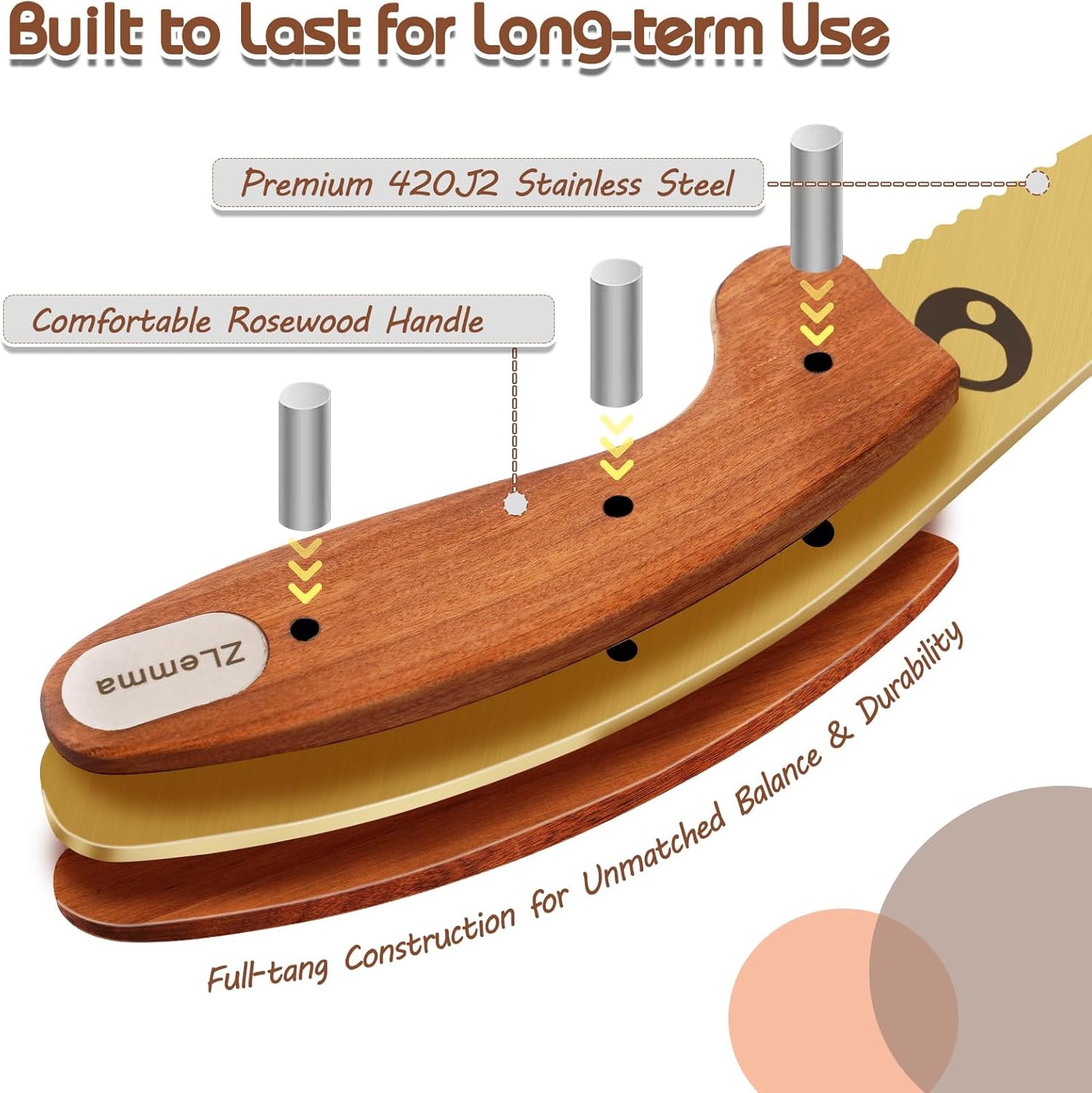 Kids Knife Set for Real Cooking with Educational Ring & Precious Rosewood Handle, Kids Chef Knife-4pcs Set with Stainless Steel Finger Guard-Golden Coating