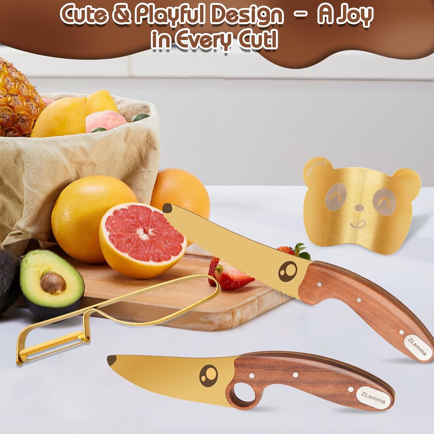 Kids Knife Set for Real Cooking with Educational Ring & Precious Rosewood Handle, Kids Chef Knife-4pcs Set with Stainless Steel Finger Guard-Golden Coating