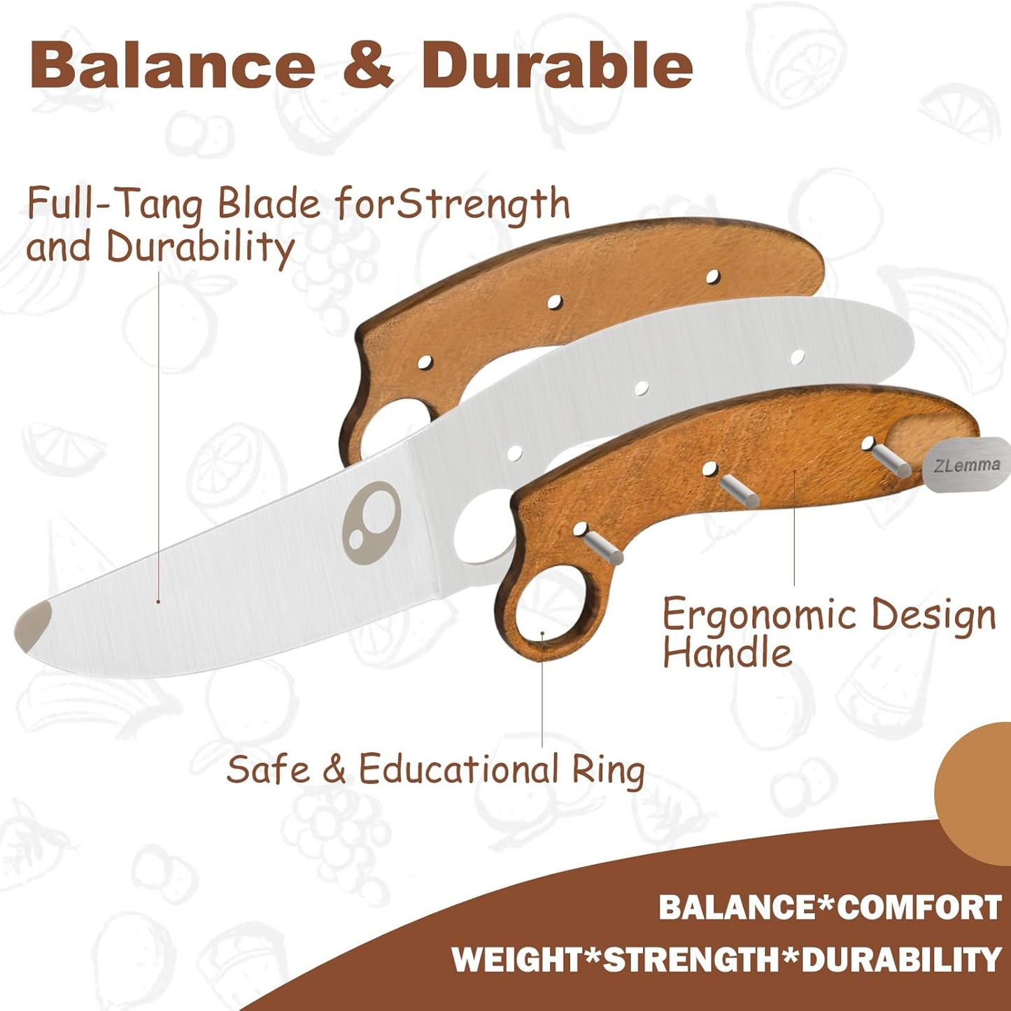 Kids Knife Set for Real Cooking with Sharped Blade for Children, Finger Guard & Educational Ring for Cutting Trainning, Rosewood Handle & Stainless Steel Blade Sharped Edge