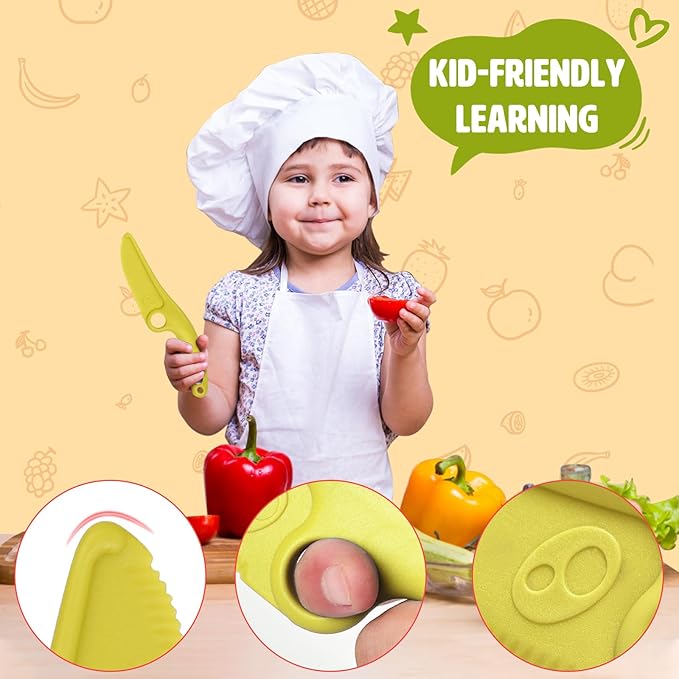 Toddler Learning Knife Set 4-Piece with Educational Ring for Real Cooking, Adorable Dog Design, Safe Serrated Edge for Cutting Training, and Premium Nylon Material Blade, (colors vary)