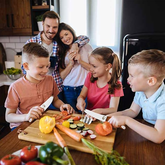 Kids Knife Set for Real Cooking with Educational Ring & Serrated Blade Edge & Panda Finger Guard 4-Pieces, Kids Chef Knife Set with Rosewood Handle Stainless Steel Blade For Starter Cutting Learning