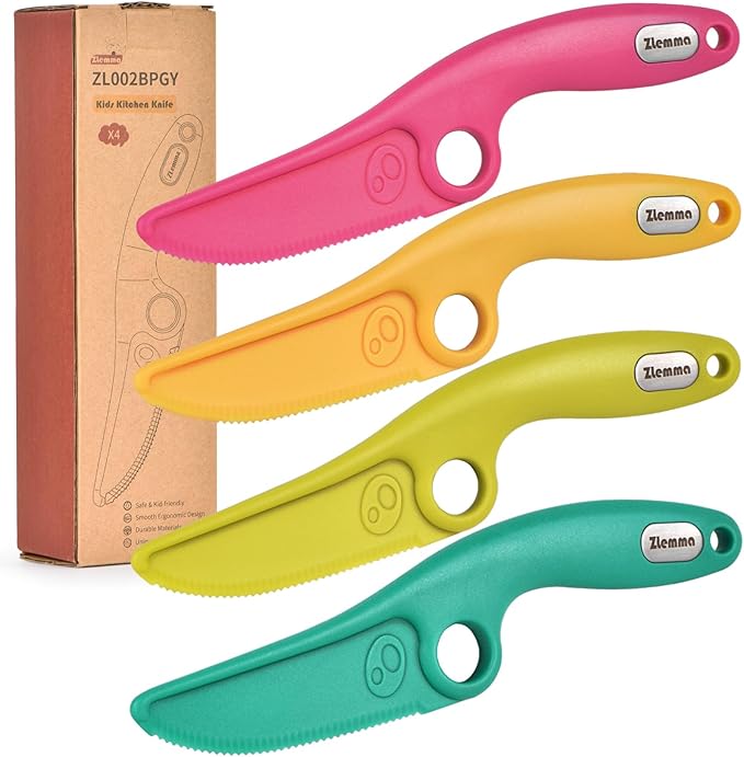 Toddler Learning Knife Set 4-Piece with Educational Ring for Real Cooking, Adorable Dog Design, Safe Serrated Edge for Cutting Training, and Premium Nylon Material Blade, (colors vary)