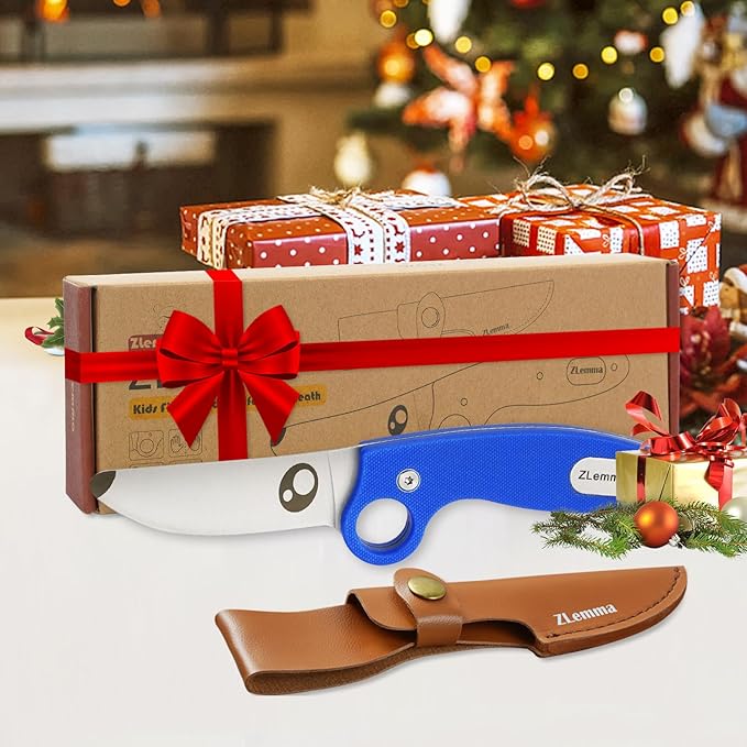 Kids Knife Boy Scout Knife with Educational Ring & Sheath & Rounded Tip - Whittling Knife Blue G10 Handle for Boys 8-12 First Сamping Cutting