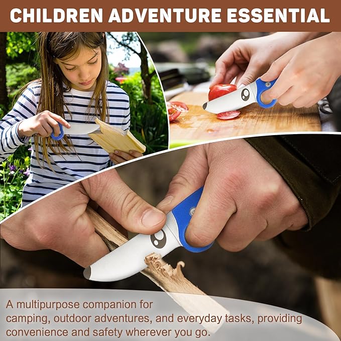 Kids Knife Boy Scout Knife with Educational Ring & Sheath & Rounded Tip - Whittling Knife Blue G10 Handle for Boys 8-12 First Сamping Cutting