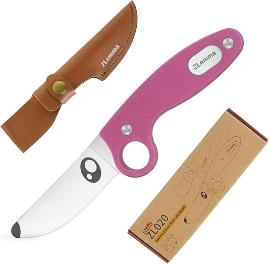 Kids Knife Boy Scout Knife with Educational Ring & Sheath & Rounded Tip - Whittling Knife Pink G10 Handle for Boys 8-12 First Сamping Cutting