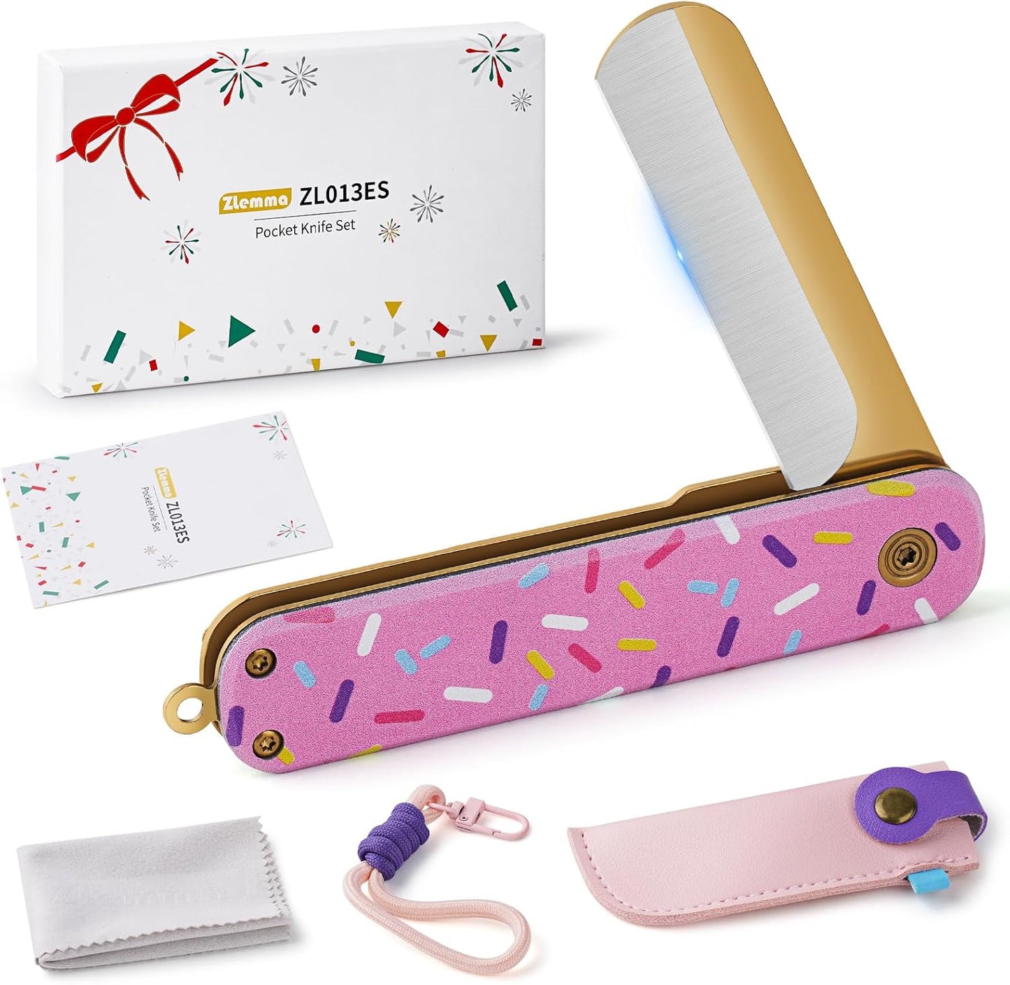 Pocket Knife Set with Clip & Sheath, Lanyard, First Pocket Folding Knife with Rounded Tip for Boys/Girls, Beginner, Black Oxidized Blade 420J2 Stainless Steel-Candy Pattern Handle