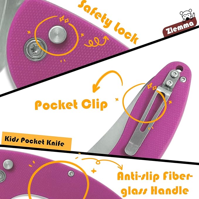 Kids Pocket Knife with Clip & Safe Rounded Tip for Boy First Knife, Toddler Starter folding Knives with Japanese 420J2 Stainless Steel Sharpened Blade & Durable G10 Handle (Pink)