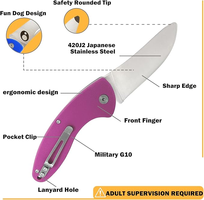 Kids Pocket Knife with Clip & Safe Rounded Tip for Boy First Knife, Toddler Starter folding Knives with Japanese 420J2 Stainless Steel Sharpened Blade & Durable G10 Handle (Pink)