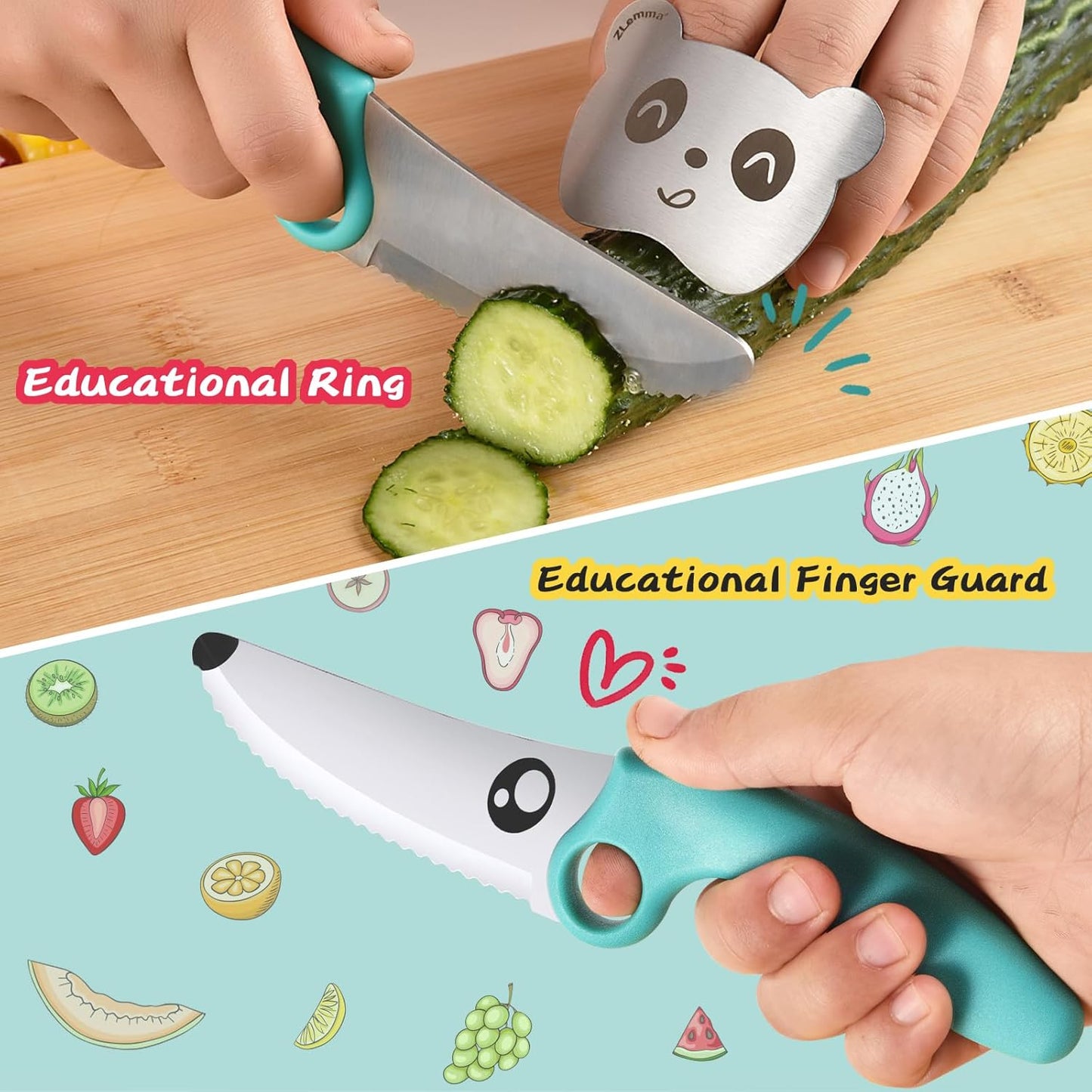 Kids Knife Set for Real Cooking with Finger Guard & Educational Ring, Toddler Kitchen Montessori Tool Set for Training Cutting, Stainless Steel Blade & Safety Edge for Beginner (Blue)