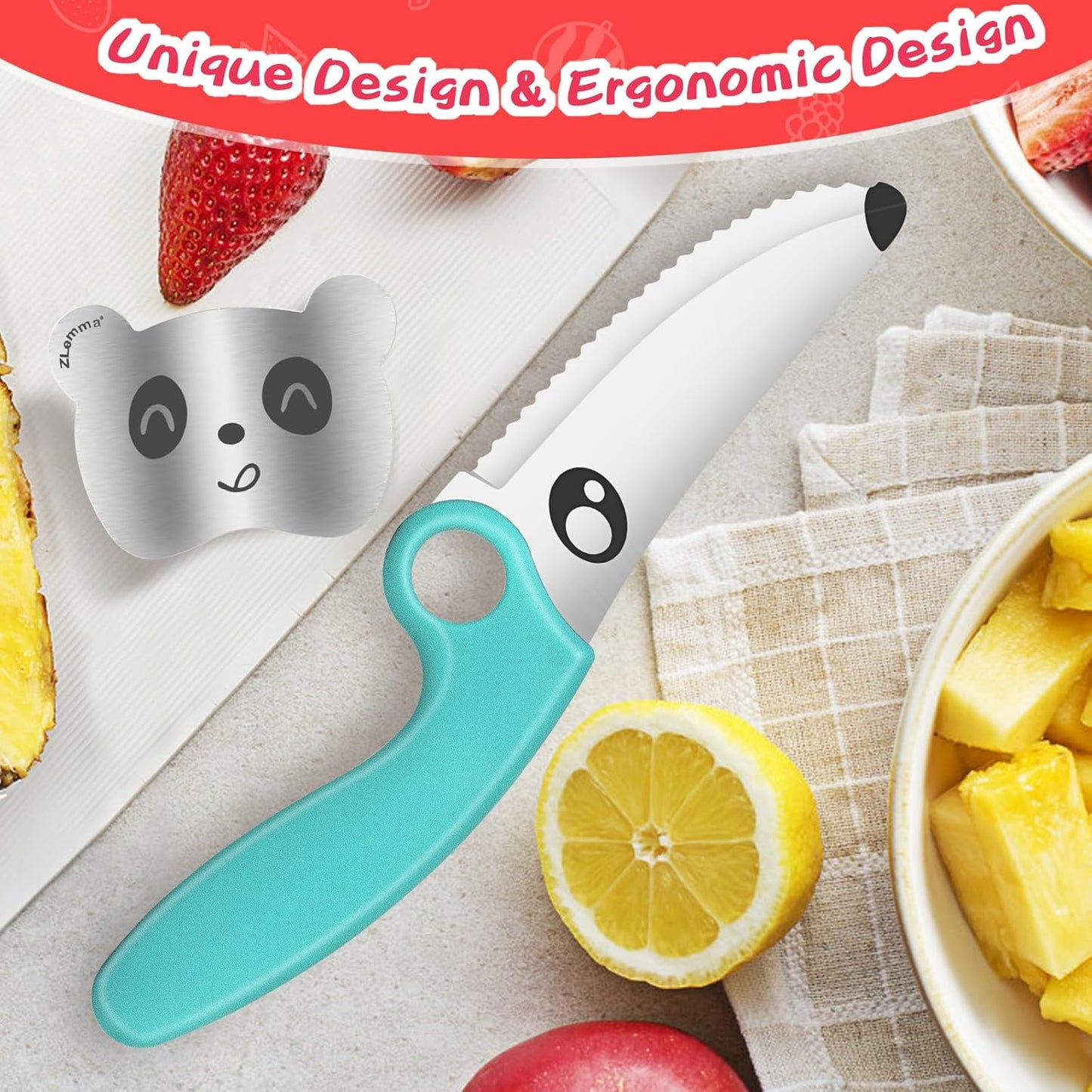 Kids Knife Set for Real Cooking with Finger Guard & Educational Ring, Toddler Kitchen Montessori Tool Set for Training Cutting, Stainless Steel Blade & Safety Edge for Beginner (Blue)