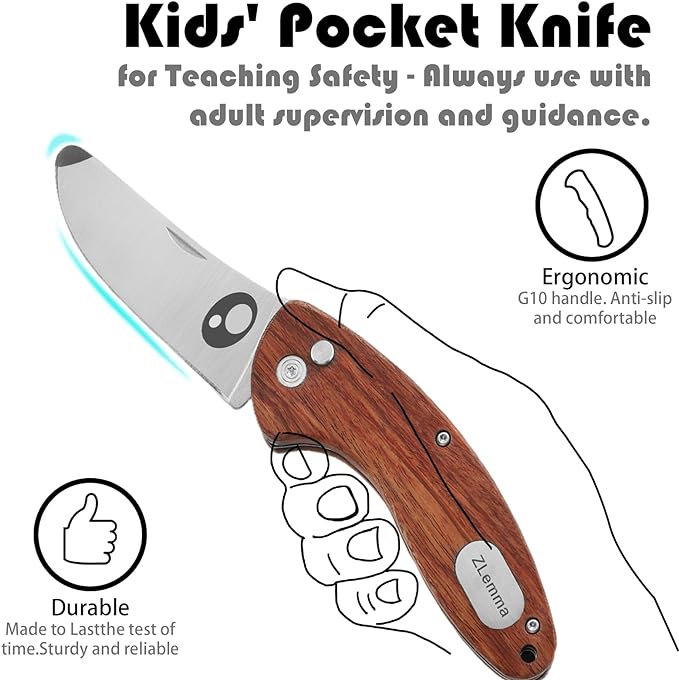 Kids Pocket Folding Knife with Safety Rounded Tip, Made Of Japanese Stainless Steel and Rosewood, Children’s First Folding Knife With Sharp Blade
