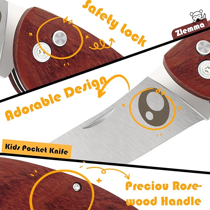 Kids Pocket Folding Knife with Safety Rounded Tip, Made Of Japanese Stainless Steel and Rosewood, Children’s First Folding Knife With Sharp Blade