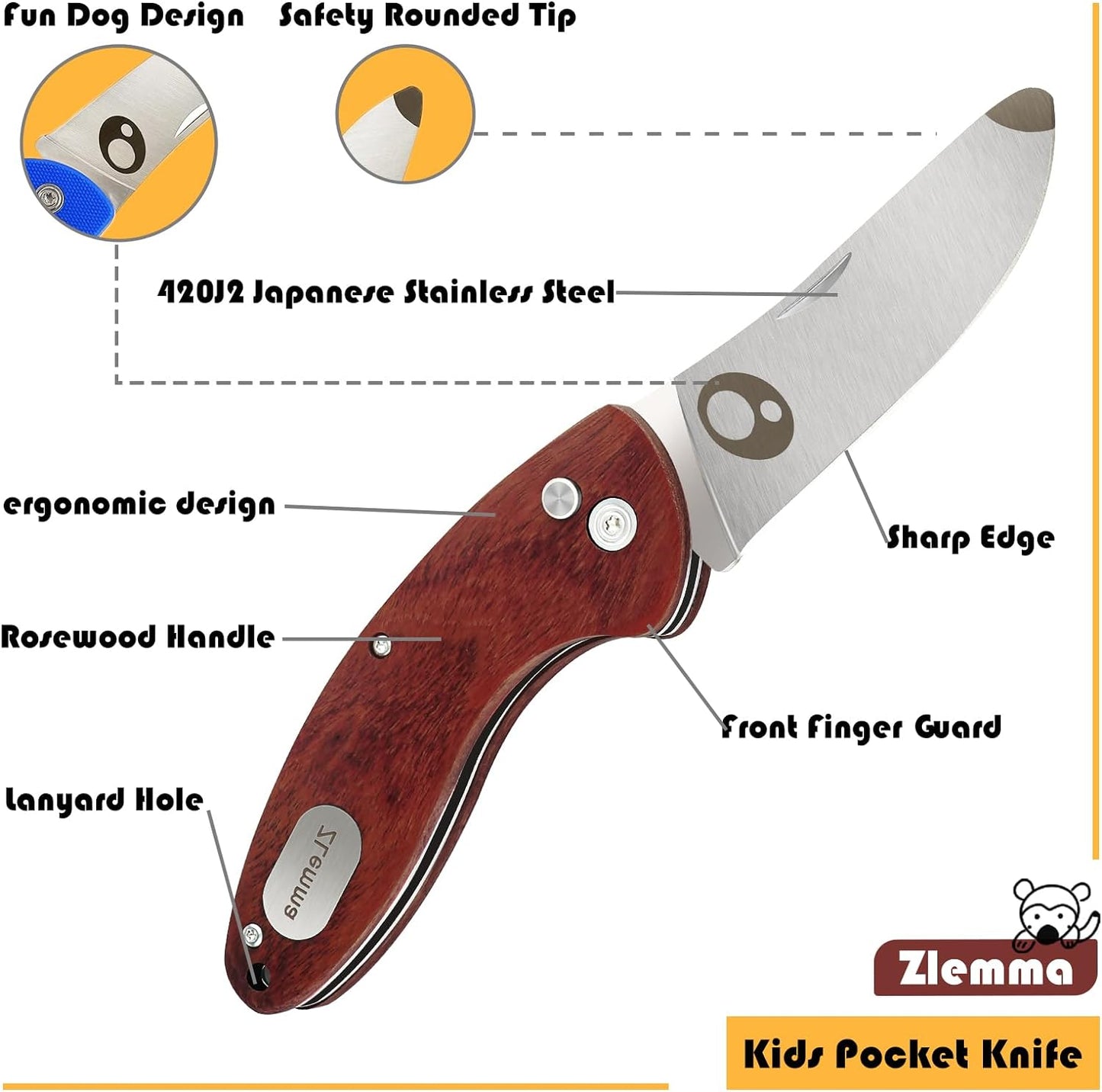 Kids Pocket Folding Knife with Safety Rounded Tip, Made Of Japanese Stainless Steel and Rosewood, Children’s First Folding Knife With Sharp Blade