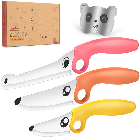 Kids Knife Set for Real Cooking with Educational Ring & Panda Finger Guard for Boys & Girls Cutting, Kids Chef Knife Stainless Steel Blade for Kitchen Cutting-Warm-toned