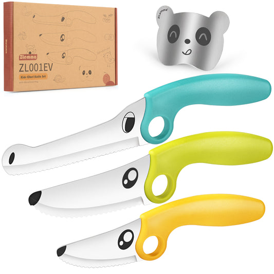 Kids Knife Set for Real Cooking with Educational Ring & Panda Finger Guard for Boys & Girls Cutting, Kids Chef Knife Stainless Steel Blade for Kitchen Cutting-Cool-toned